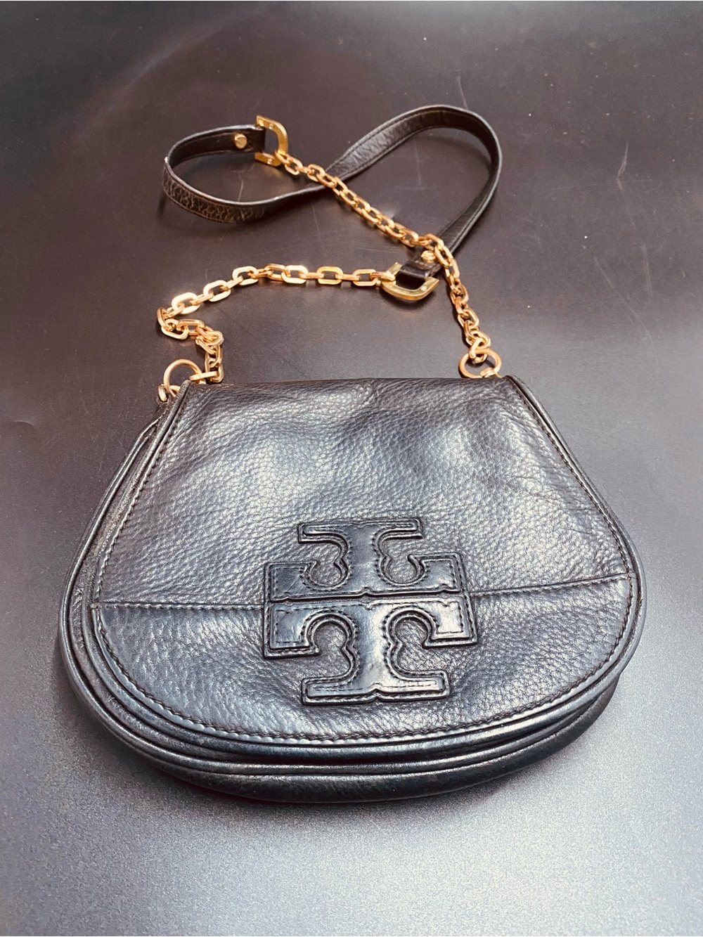 Tory Burch Black Leather Crossbody with Gold Chain Strap